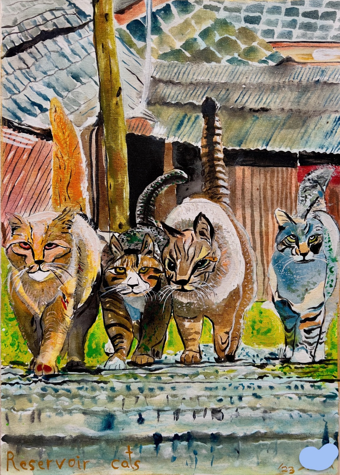 Yoram Gal – Reservoir Cats, original painting in acrylic, ink and gouache on canvas