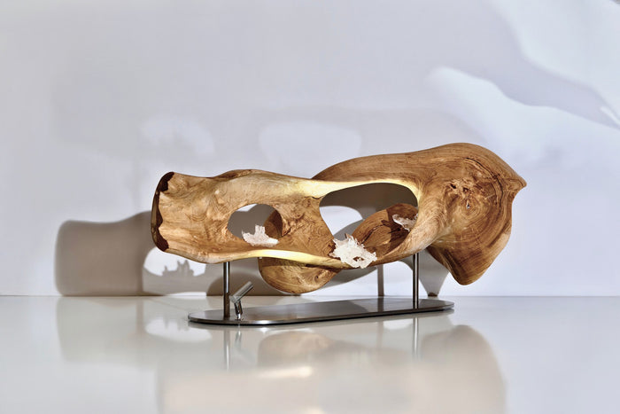 Dorit Schwartz – Eternal Flow II, original sculpture in teak wood, quartz crystal and steel base