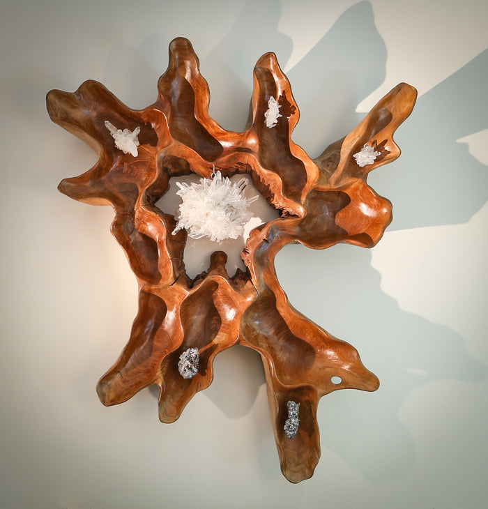 Dorit Schwartz – Ray of Life III, original sculpture in oil teak wood, white quartz arsenopyrite and cassiterite, view 1 of 2