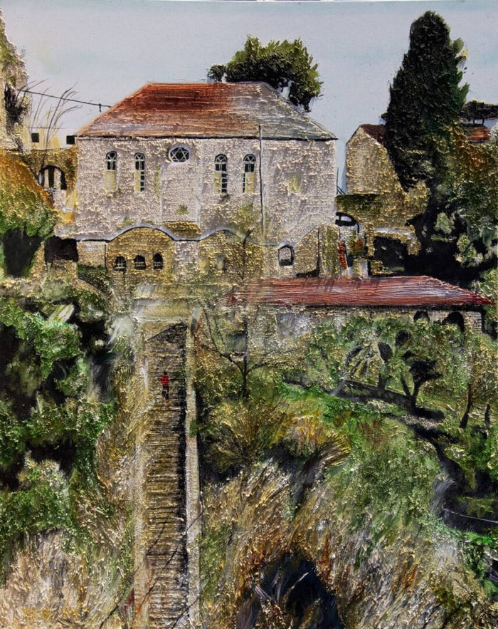 Yoram Gal – Rosh Pina Synagogue, 48 x 60 in, original painting in acrylic, ink and gouache on canvas