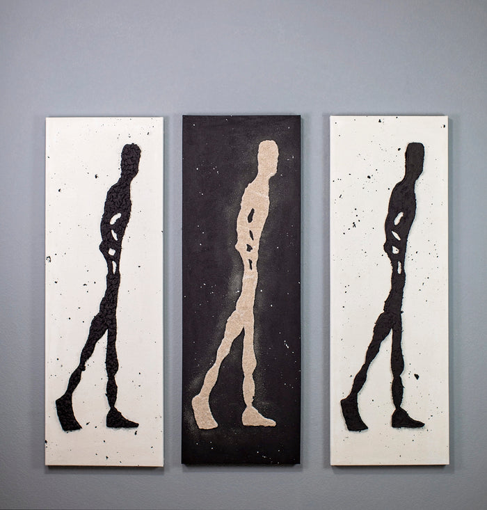 Giacometti Shadow by Matthew Samson, painting in emulsion of stardust, marble dust and paint on canvas