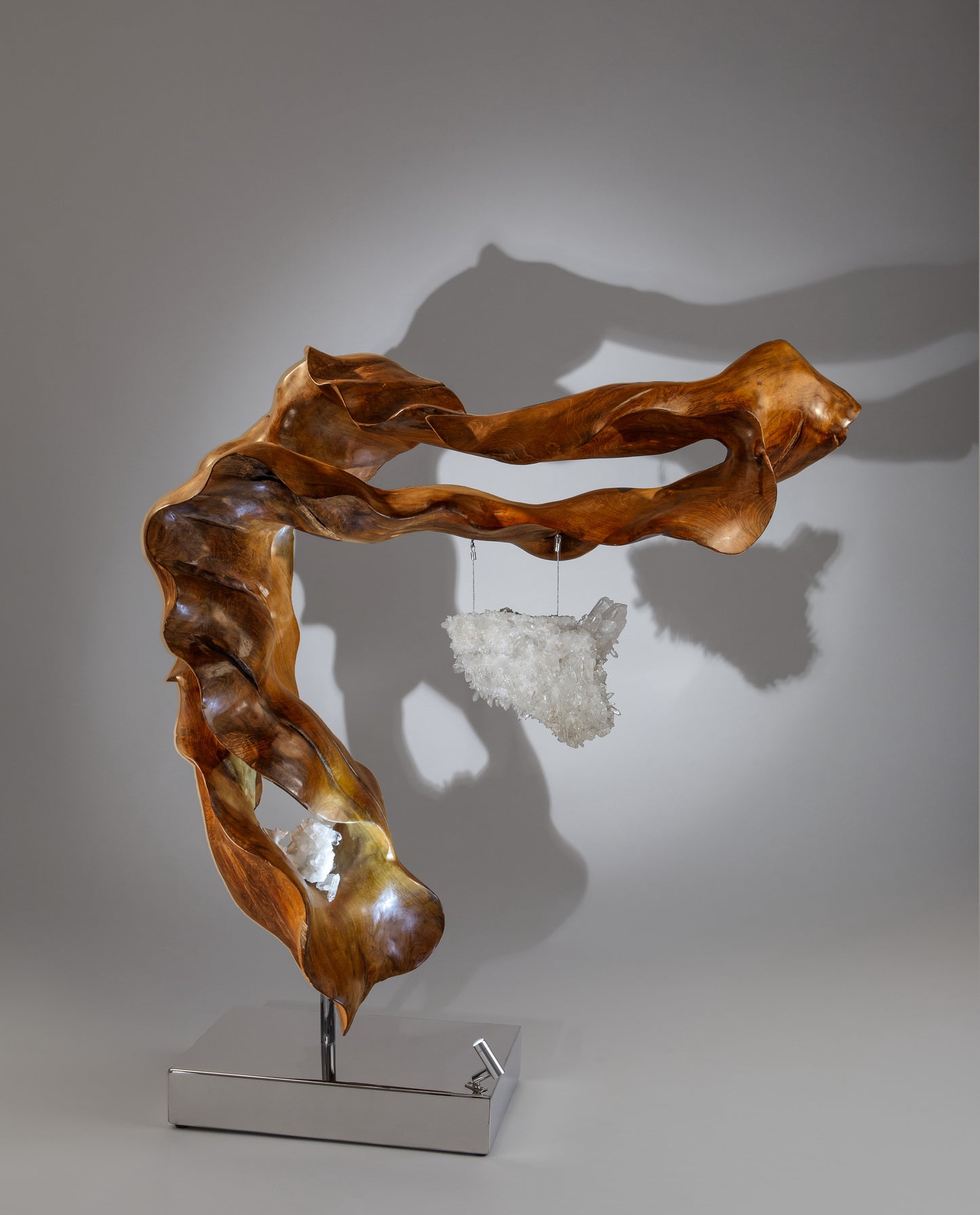 Dorit Schwartz, Mahoni Wood, Quartz Crystal, High Polish Stainless-Steel Base, LED Light