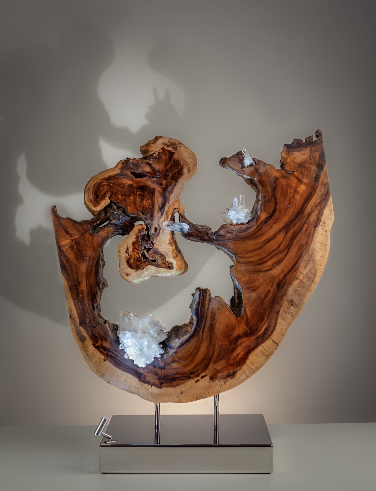 Dorit Schwartz, Quartz, Mahoni Wood,  High Polished Stainless Steel Base, Lights