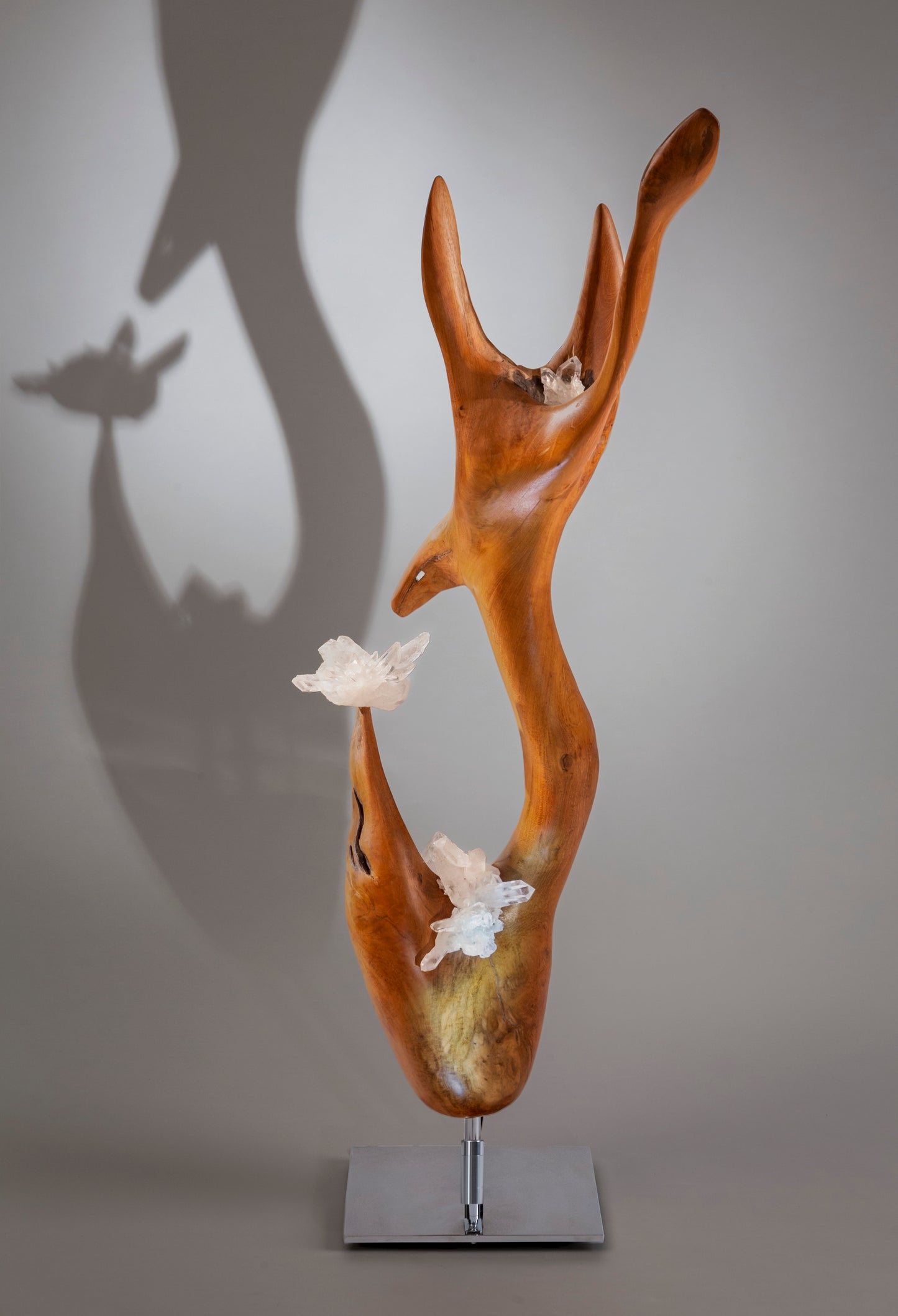 Dorit Schwartz, Mahoni Wood, Quartz Crystal, High Polish Stainless-Steel Base, LED Lights