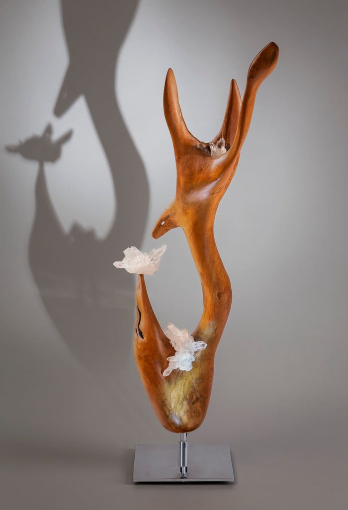 Dorit Schwartz – Spark of Divinity, original sculpture in mahoni wood, quartz crystal and high polish stainless-steel base