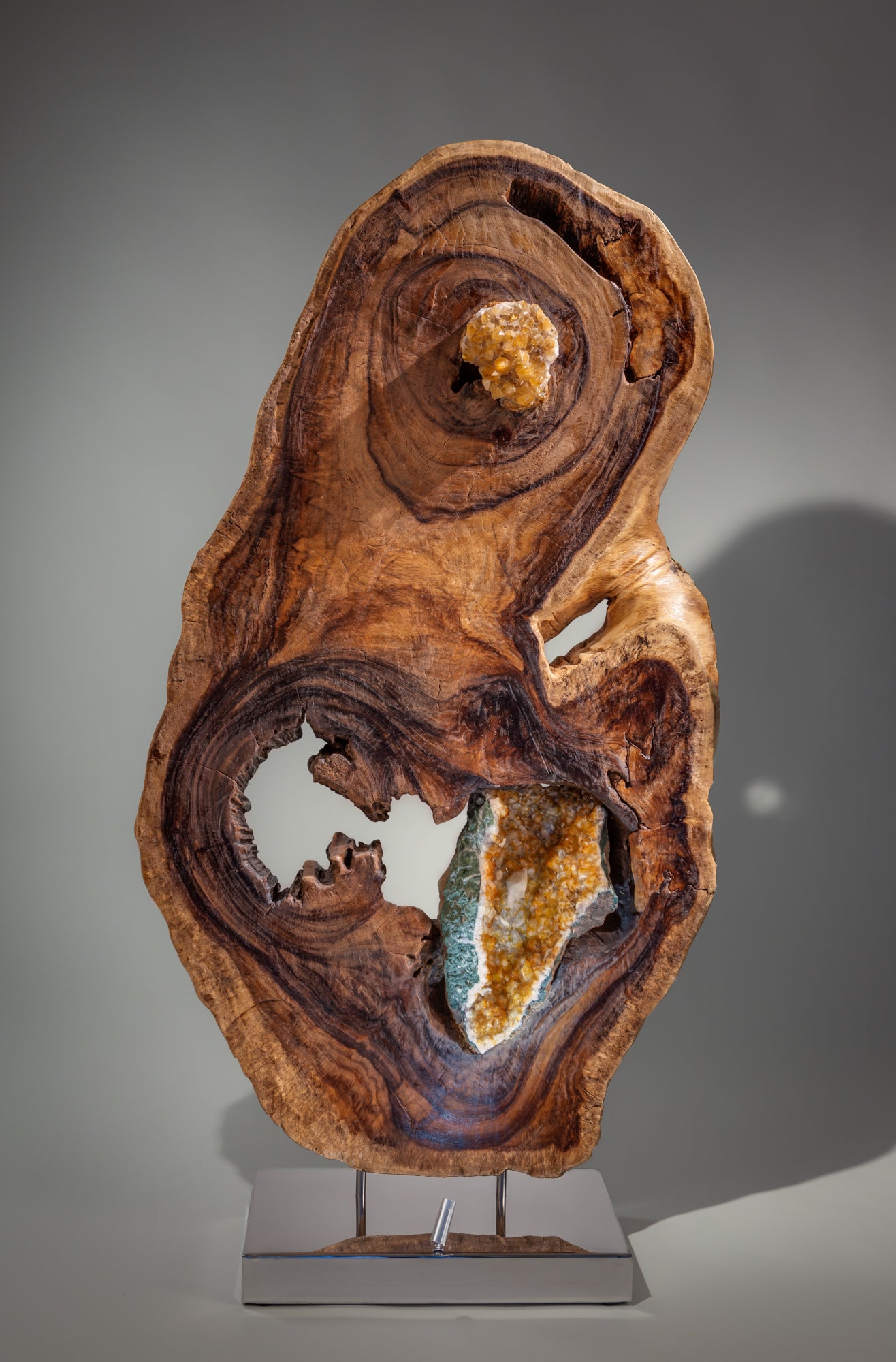 Dorit Schwartz, Citrine Geode, Acacia Wood, High-Polish Stainless Steel Base, Lights