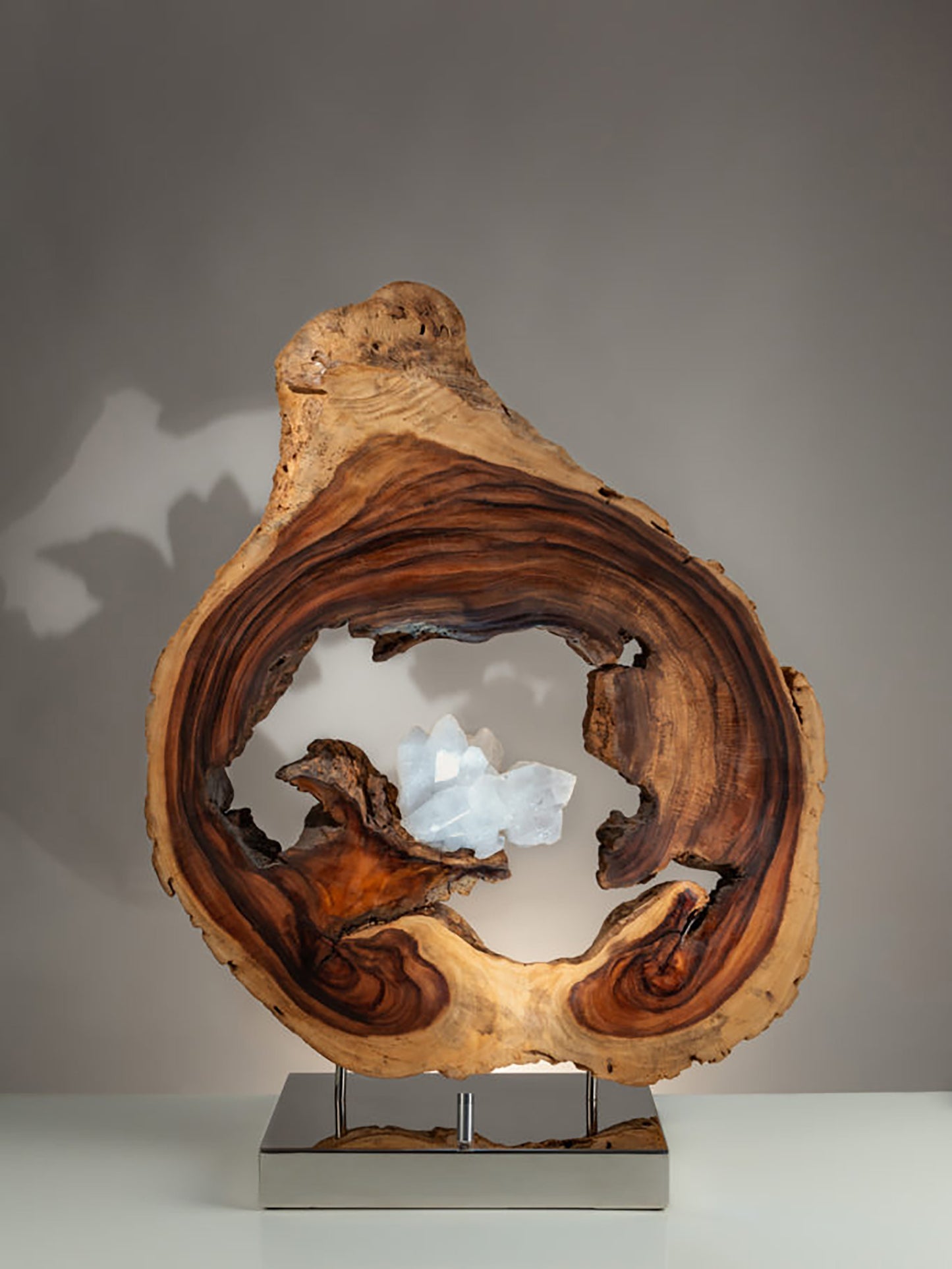Dorit Schwartz, White Quartz, Acacia Wood, High-Polish Stainless Steel Base, Lights