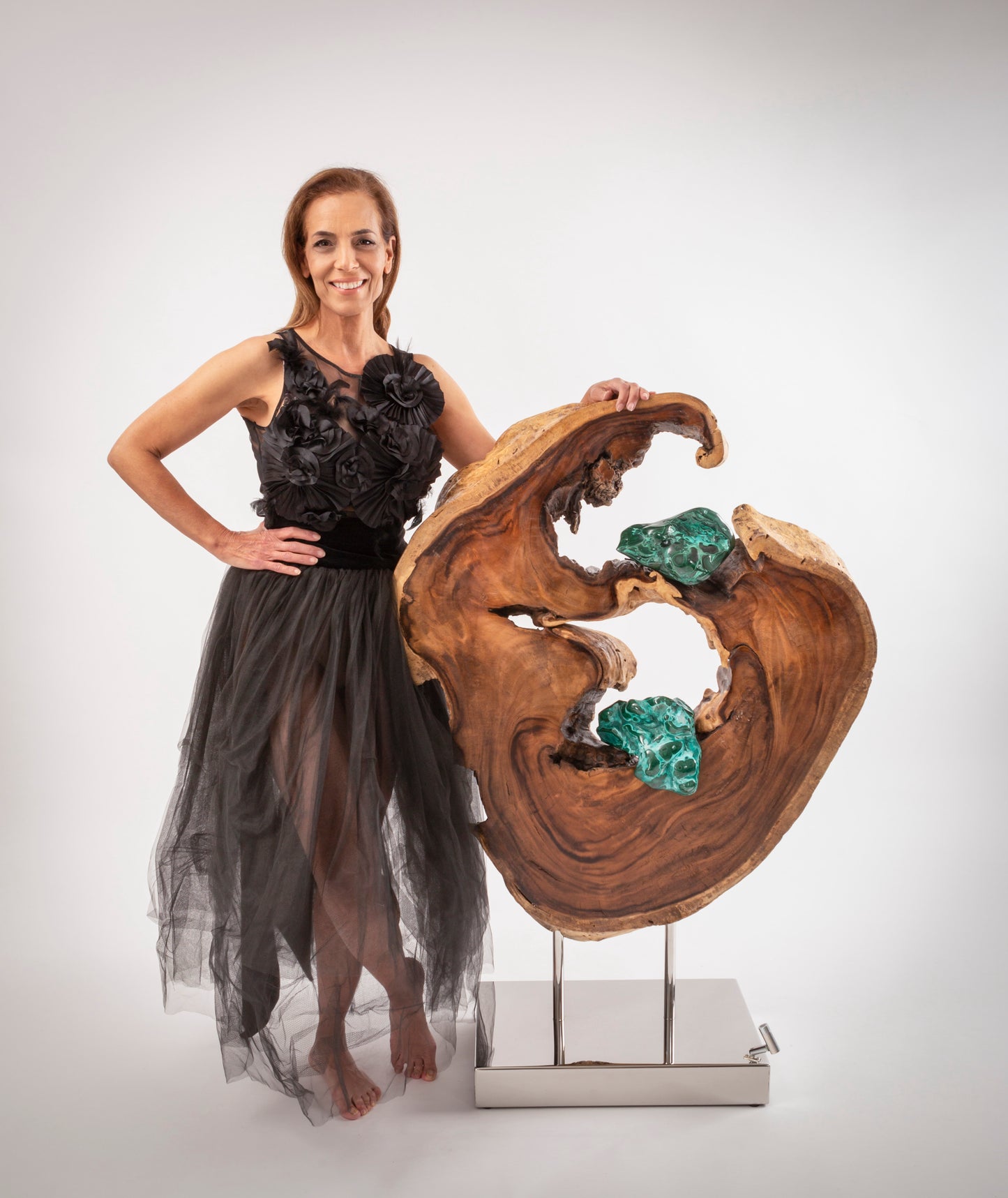 Dorit Schwartz, Acacia Wood, Malachite, Quartz Crystal, High Polish Stainless-Steel Base, LED Lights