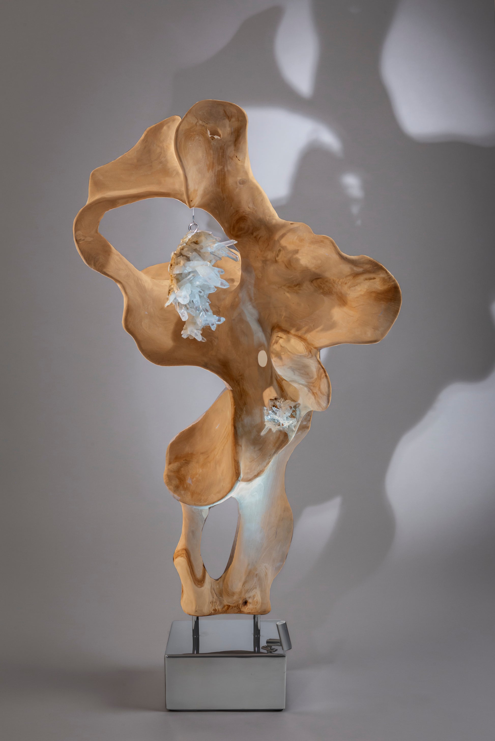 Dorit Schwartz, Bleached Teak Wood, Quartz Crystal, High Polish Stainless-Steel Base, LED Lights