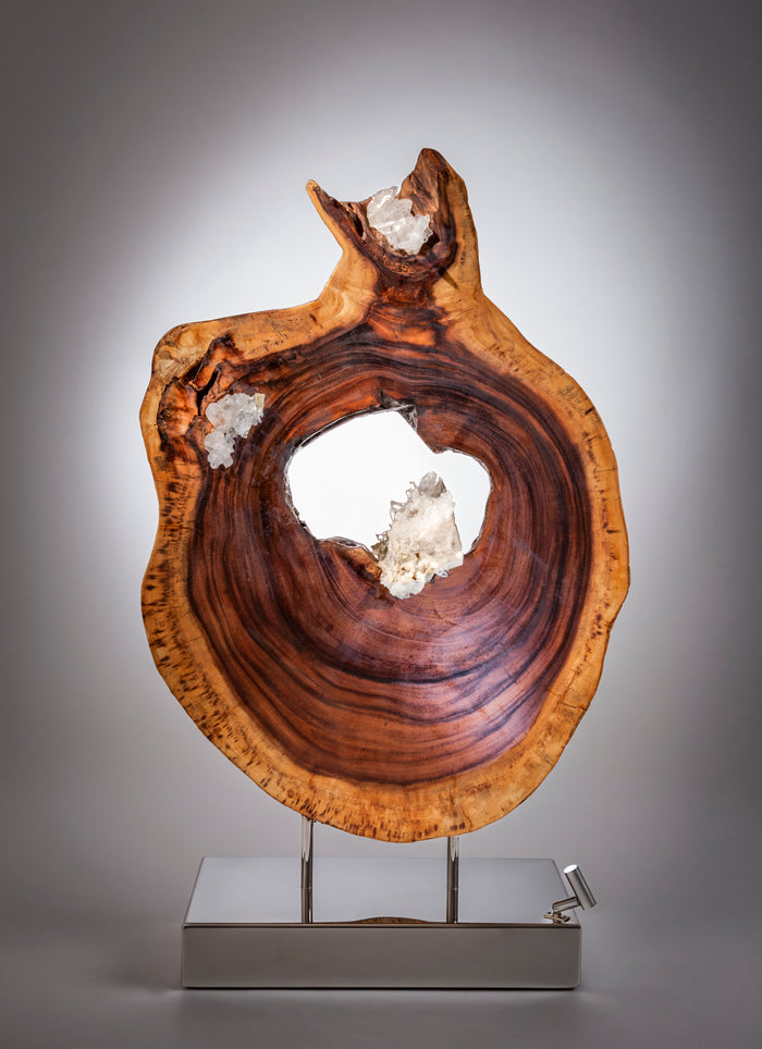 Dorit Schwartz – Graceful Core, original sculpture in quartz cluster acacia wood and high polish stainless-steel base