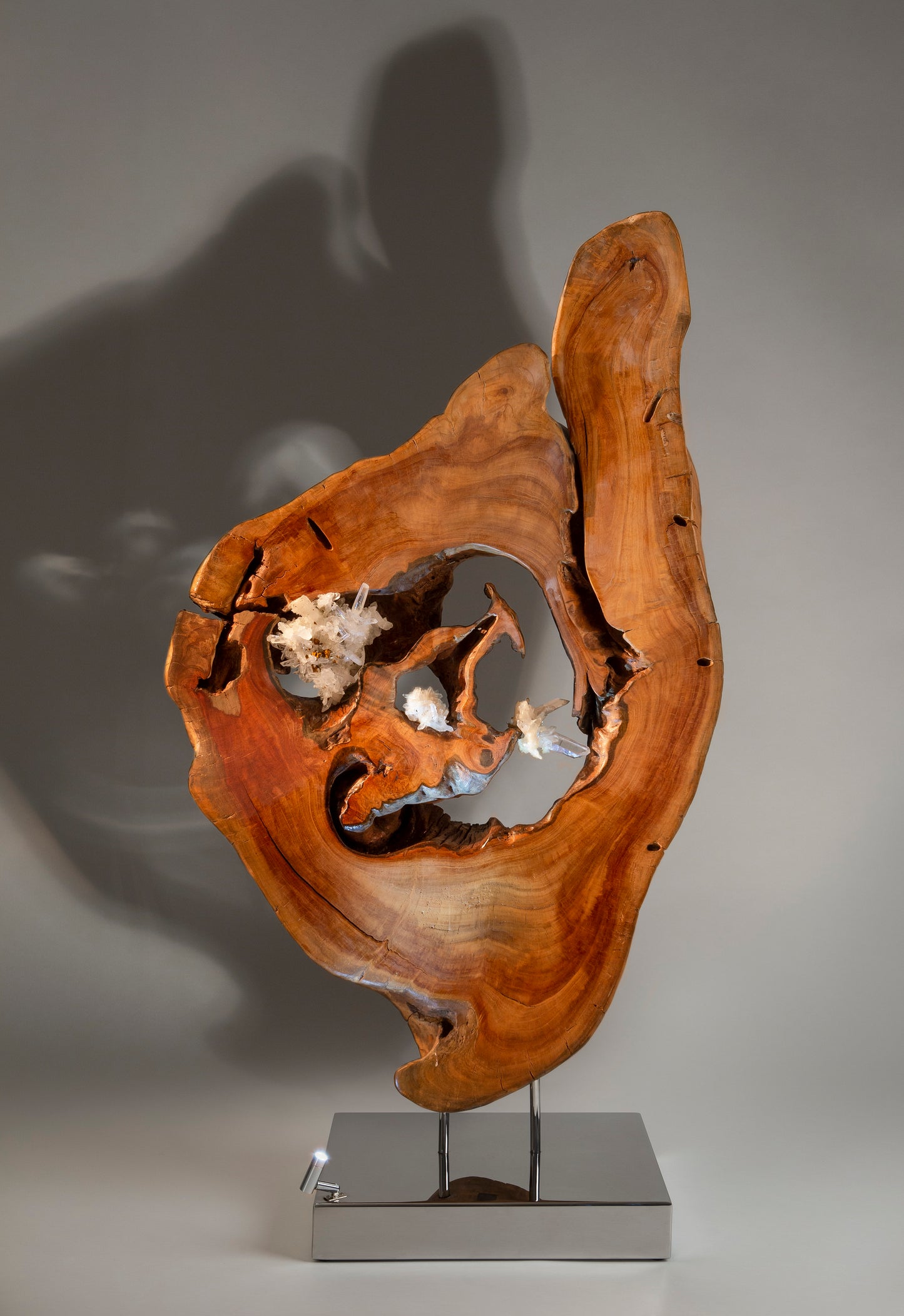 Dorit Schwartz, Acacia Wood, Quartz Crystal, High Polish Stainless-Steel Base, LED Light