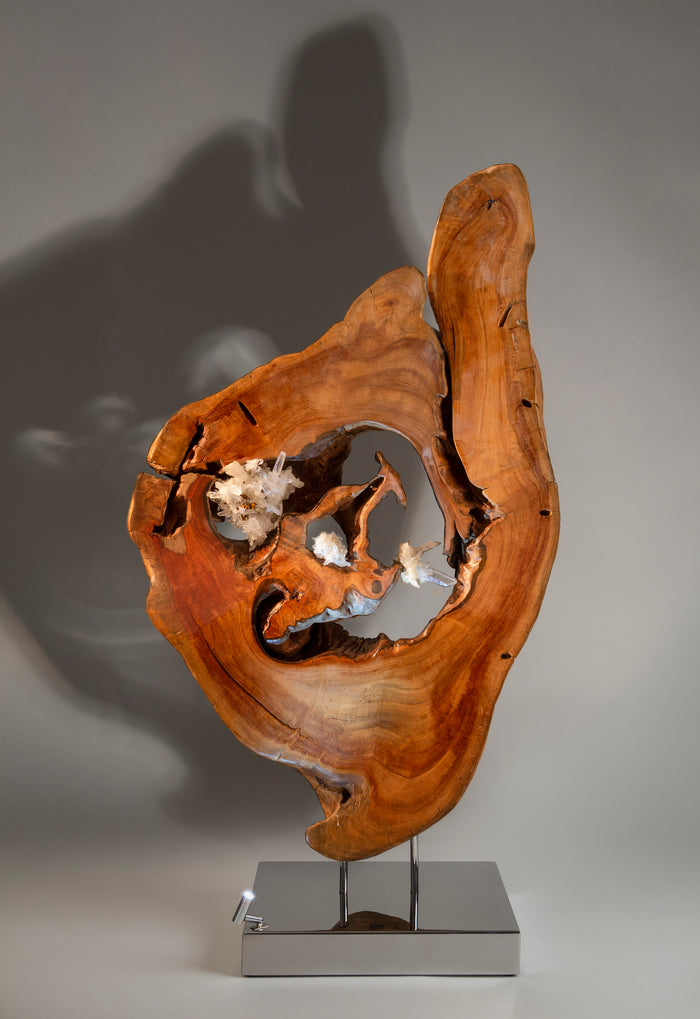 Dorit Schwartz – Journey Into Nature II, original sculpture in acacia wood and quartz crystal
