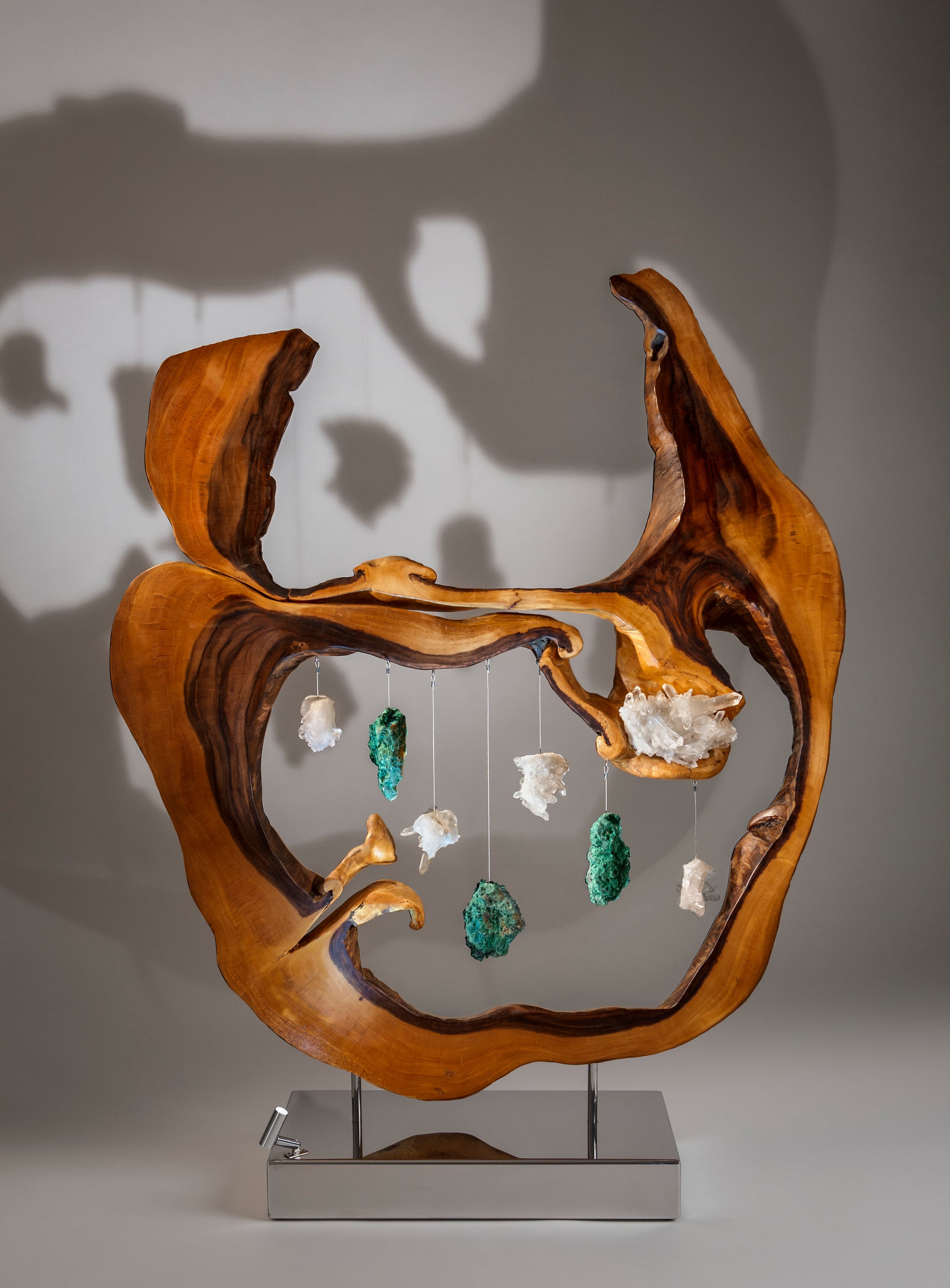 Dorit Schwartz, Acacia Wood, Quartz Crystal, Malachite, High Polish Stainless-Steel Base, LED Lights