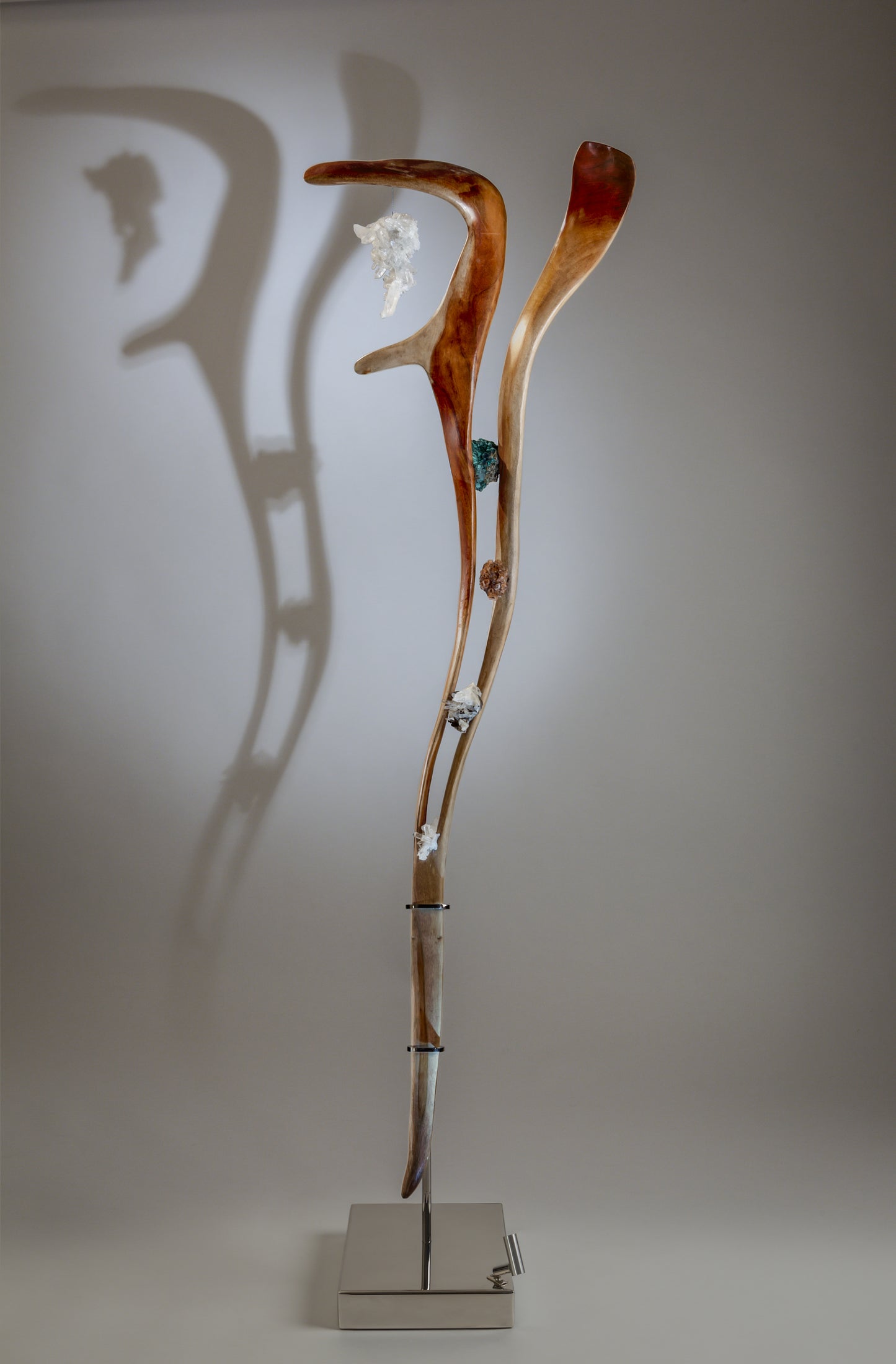Dorit Schwartz, Acacia Wood, Quartz Crystal, Malachite, Lemurian, Aragonite, High Polish Stainless-Steel Base, LED Lights