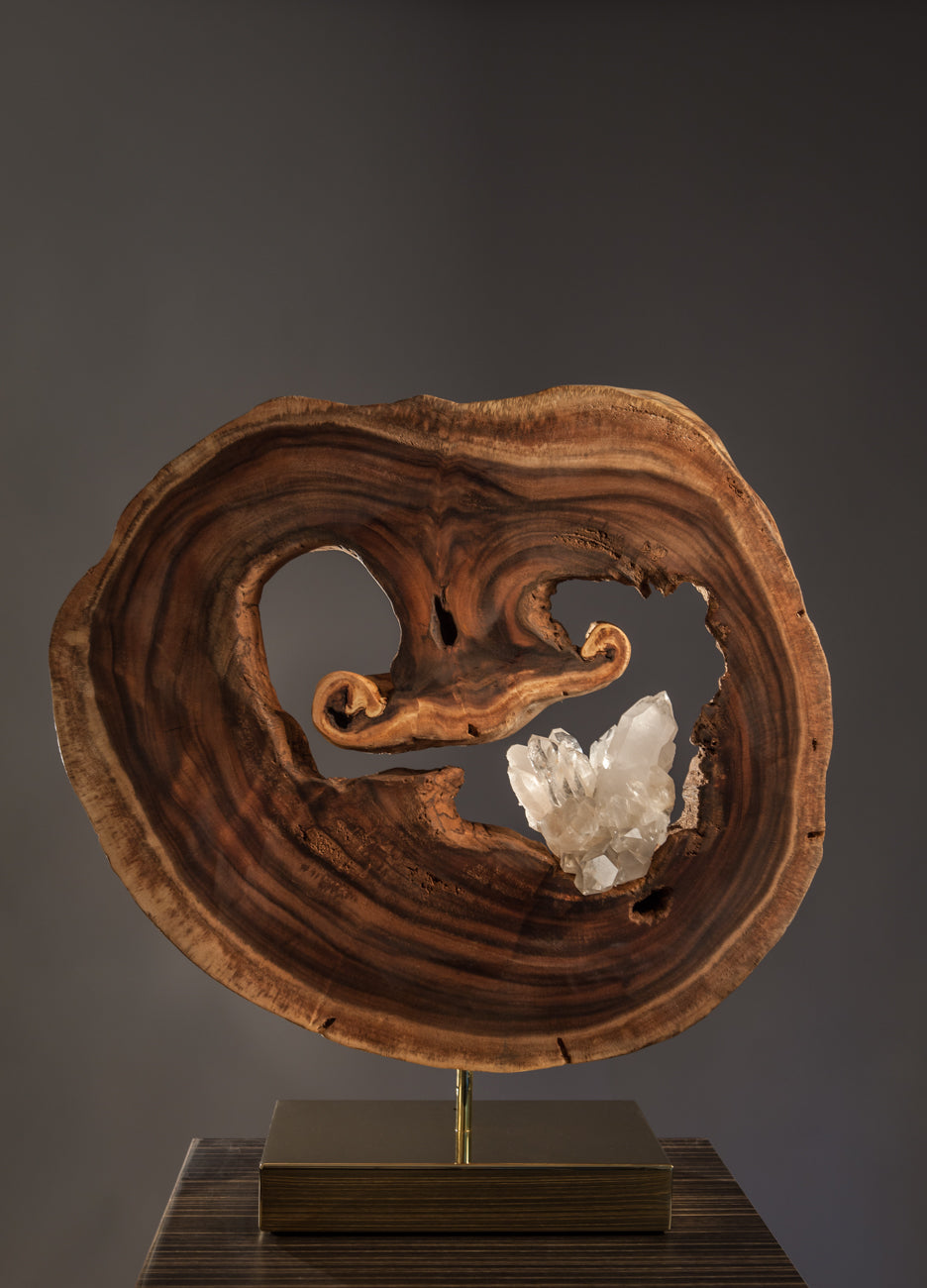 Dorit Schwartz, White Quartz, Acacia Wood, Brushed Brass Base, Lights