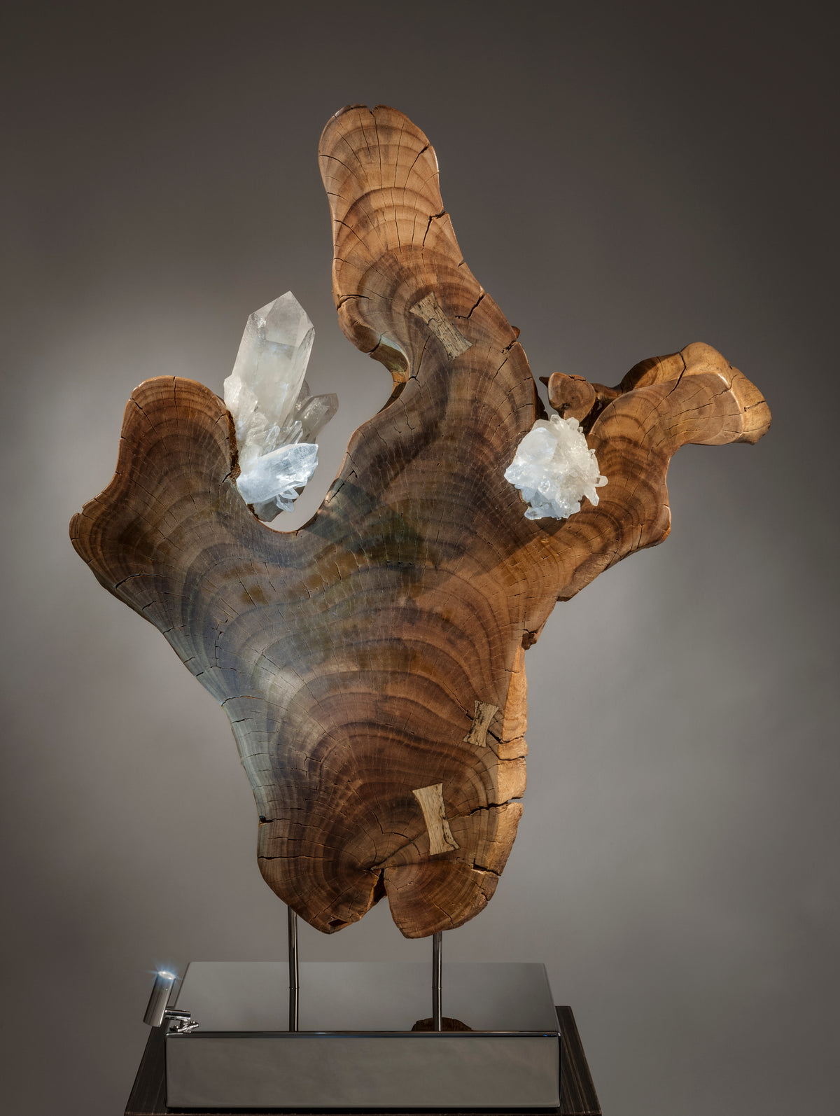 Dorit Schwartz – Spark of Love, original sculpture in quartz crystal, pipal wood and high-polish stainless steel base