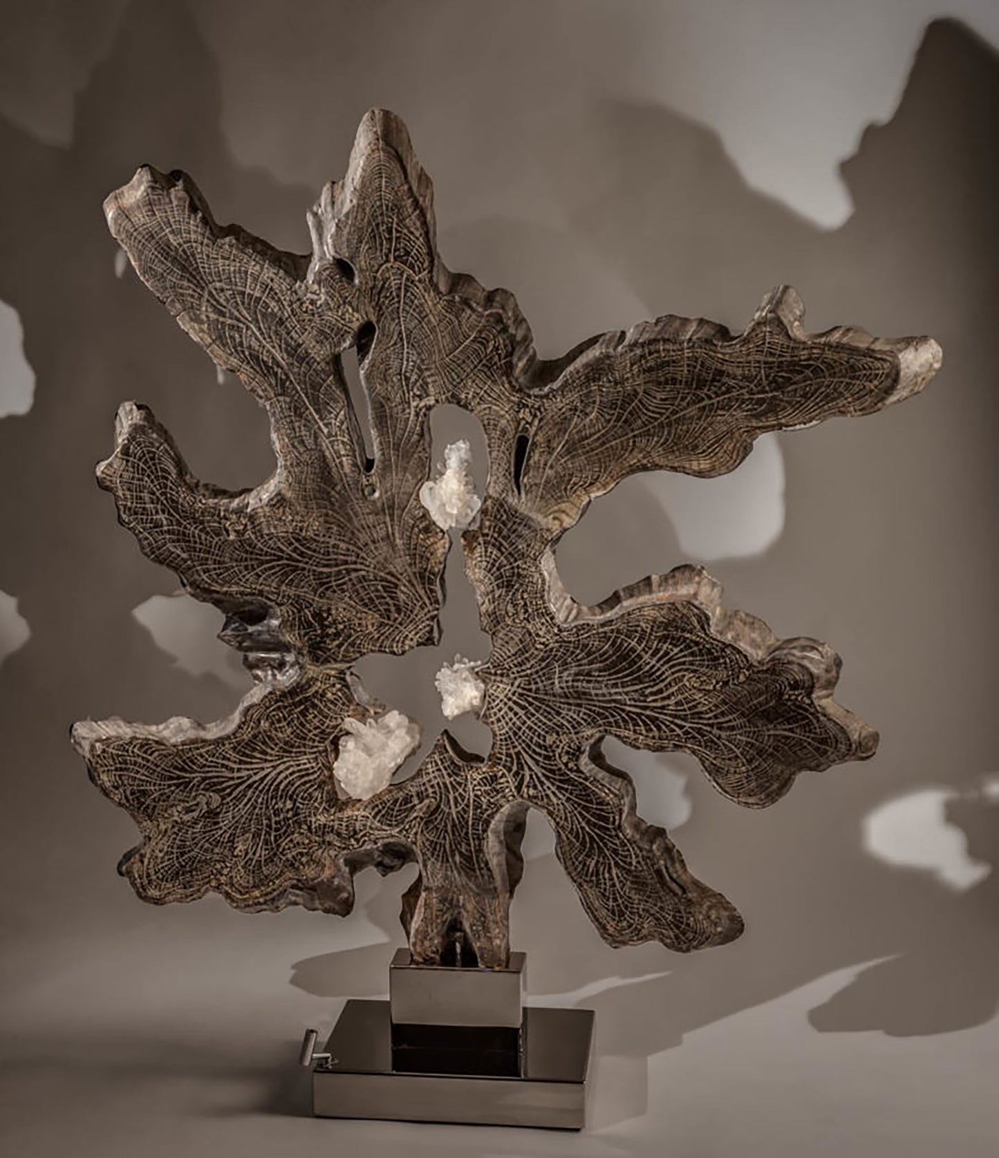 Dorit Schwartz, White Quartz, Teak Wood, High-Polish Stainless Steel Base, Lights