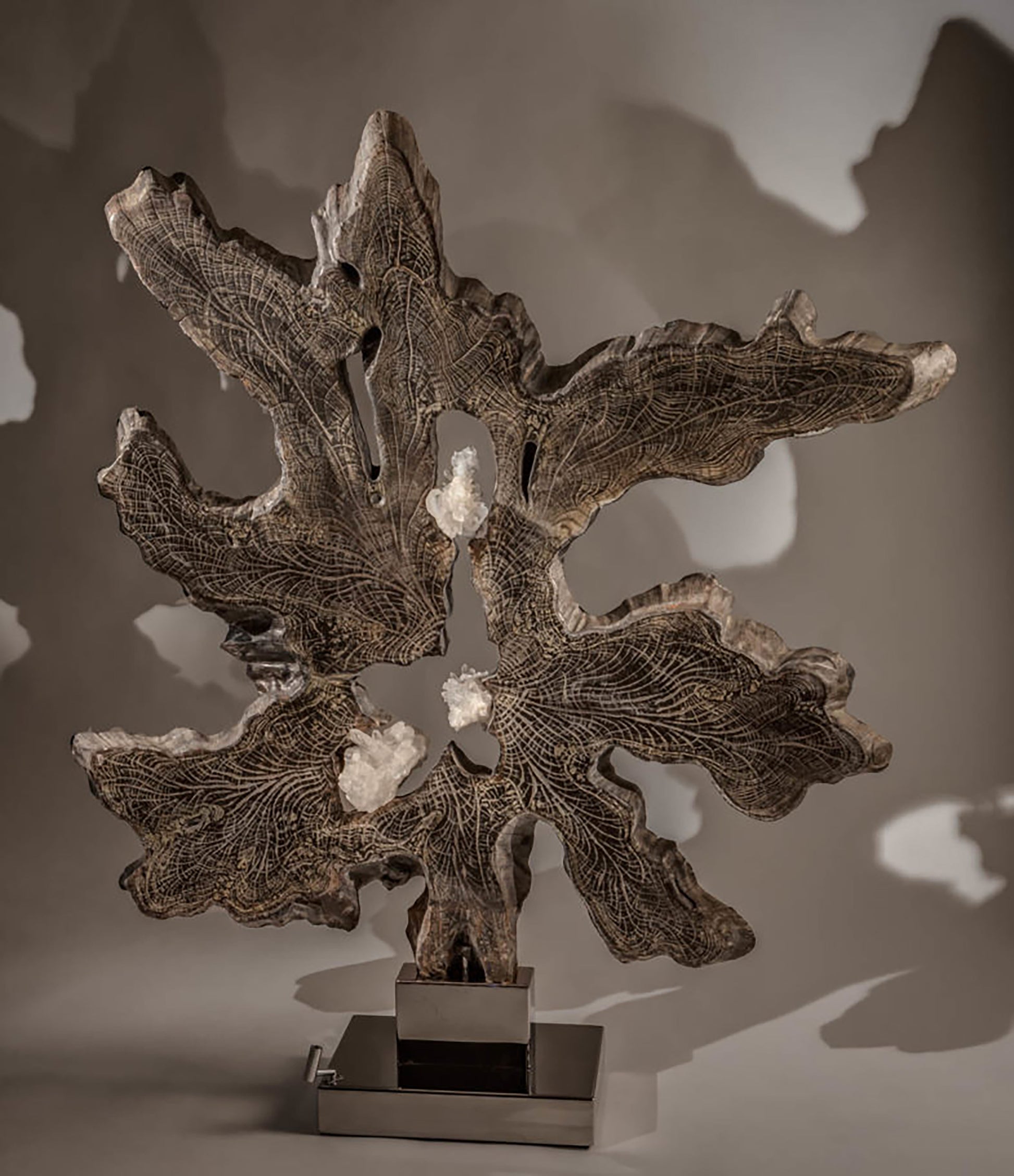 Dorit Schwartz, White Quartz, Teak Wood, High-Polish Stainless Steel Base, Lights