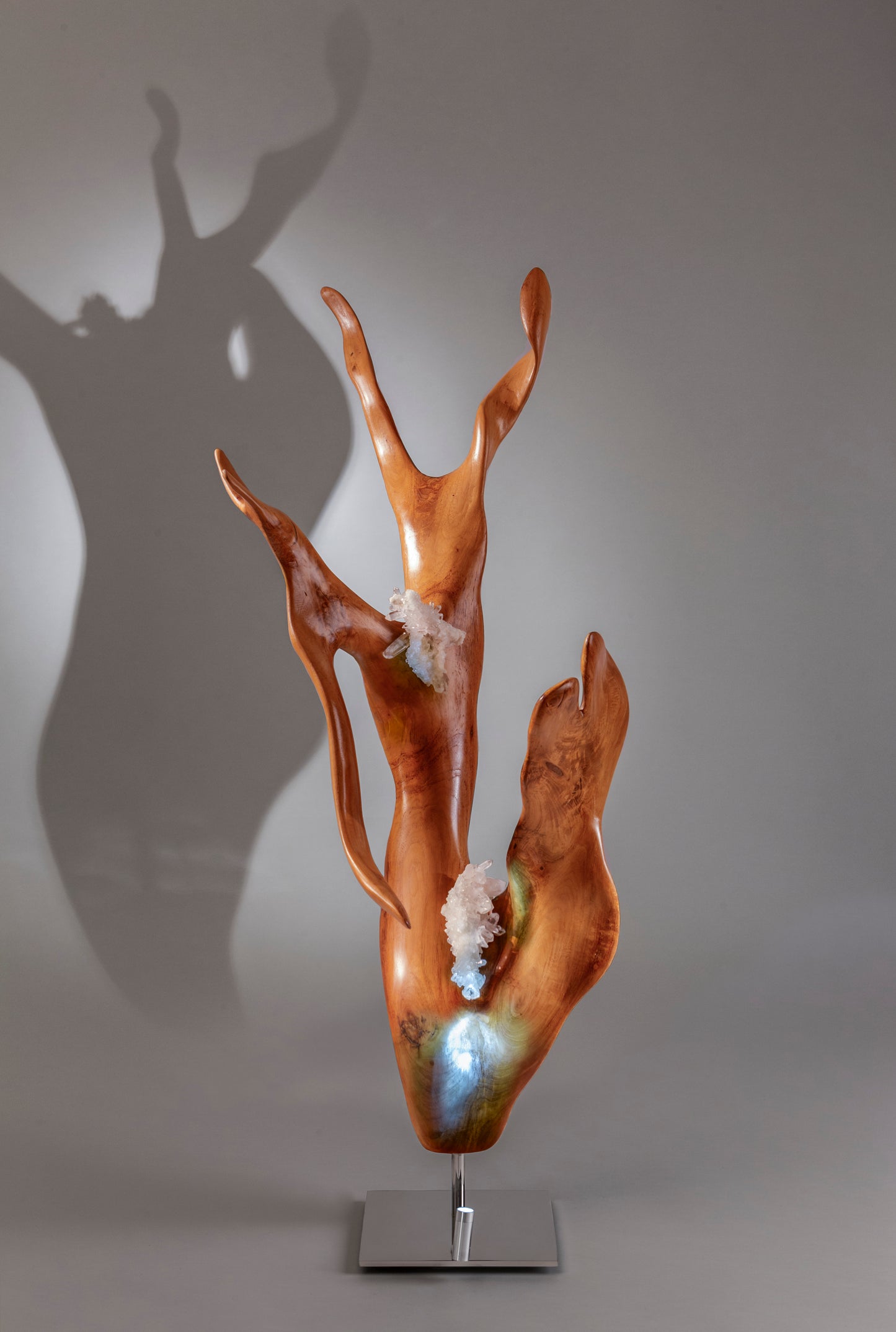 Dorit Schwartz, Mahoni Wood, Quartz Crystal, High Polish Stainless-Steel Base, LED Light