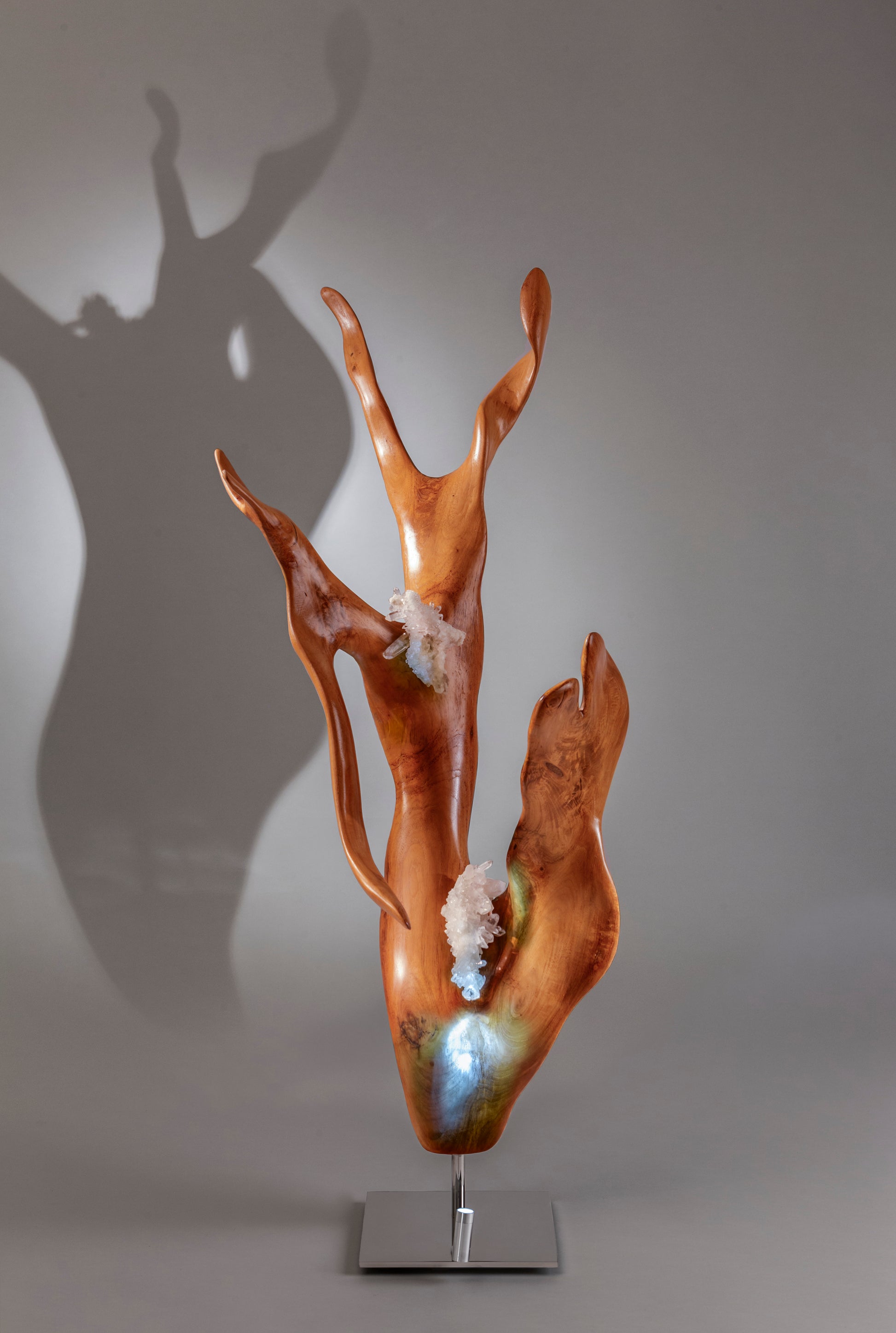 Dorit Schwartz, Mahoni Wood, Quartz Crystal, High Polish Stainless-Steel Base, LED Light