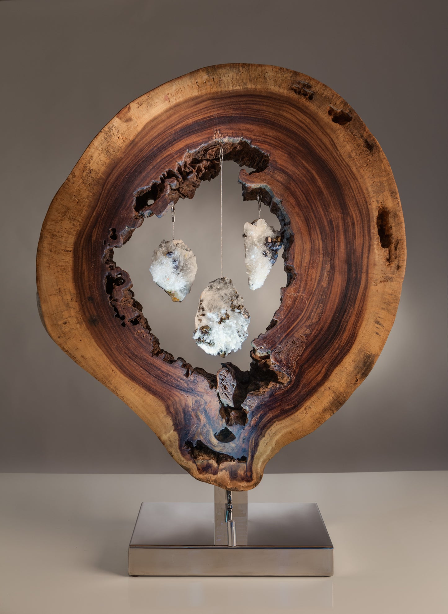 Dorit Schwartz, 42x31x11 quartz Crystal, Acacia wood, huge polish stainless Steel base, light