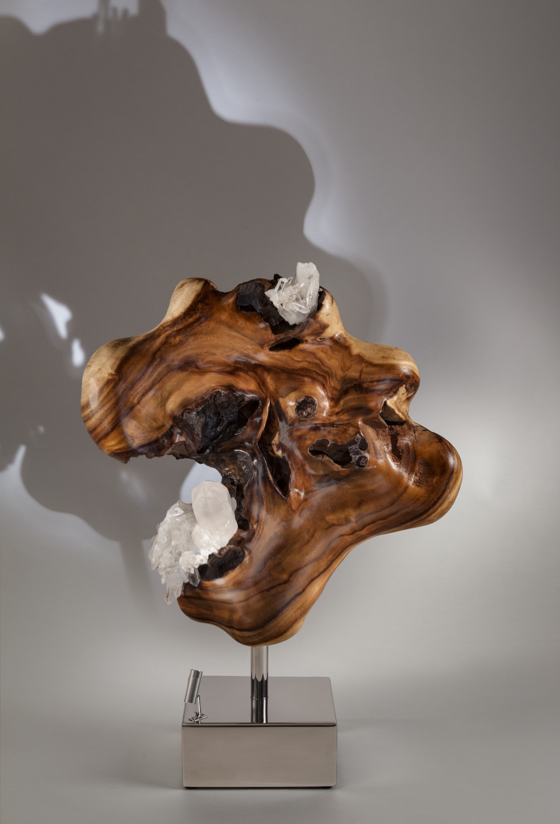 Dorit Schwartz, Indonesian Rosewood, Quartz Crystal, High Polish Stainless-Steel Base, LED Light