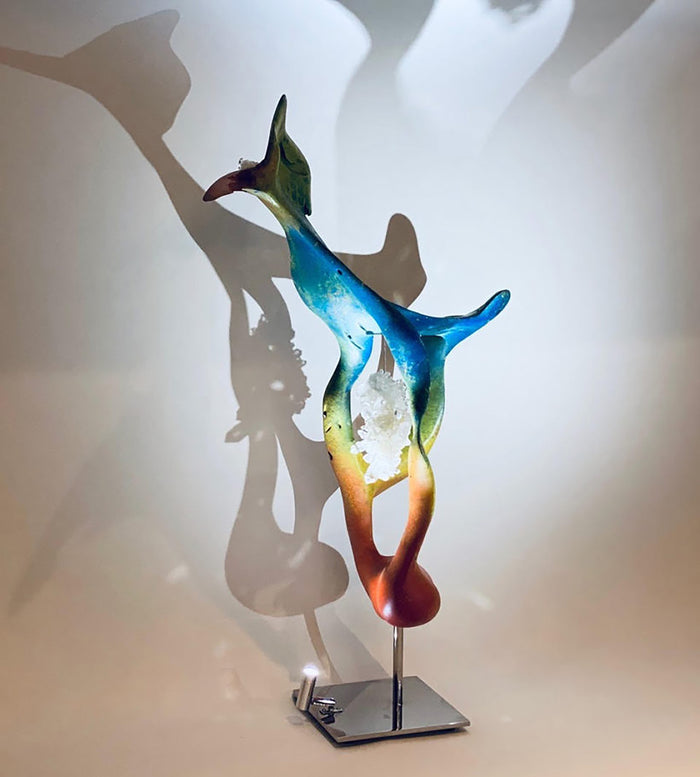 Dorit Schwartz – Rising Spirit, original sculpture in quartz crystal, painted teak wood and high-polish stainless steel base