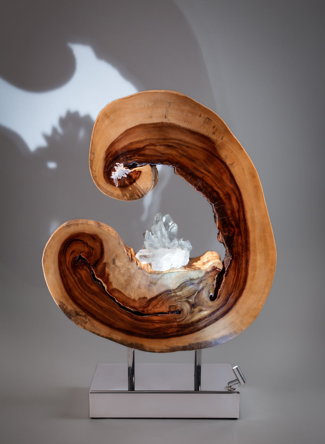 Dorit Schwartz, Quartz Cluster, Acacia Wood, High Polish Stainless-Steel Base, LED Lights