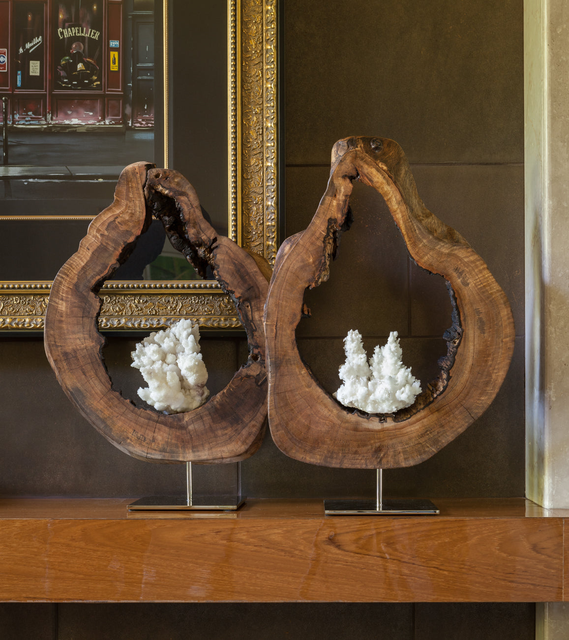 Dorit Schwartz, Aragonite, Acacia Wood, Stainless Steel Base