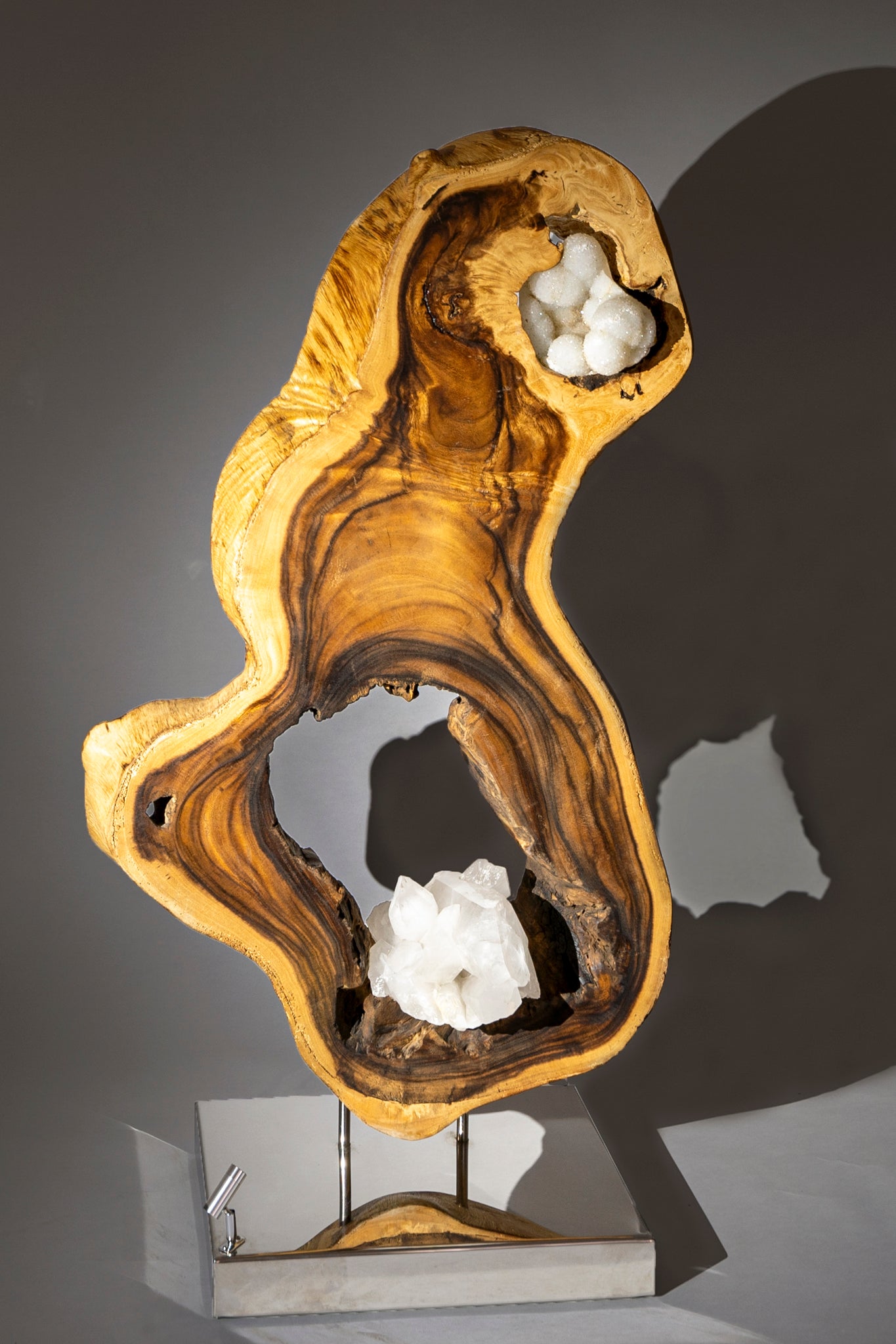 Dorit Schwartz, Indian Apophyllite & White Quartz, Acacia Wood, High Polish Stainless-Steel Base, Light