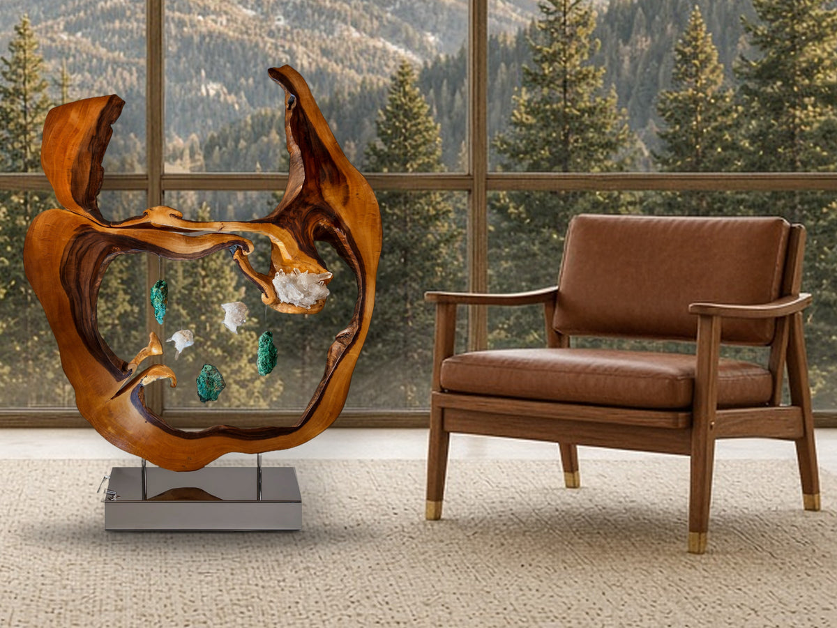 Spiritual Notes by Dorit Schwartz, a wood and crystal sculpture, in a mountain living room with pine trees outside