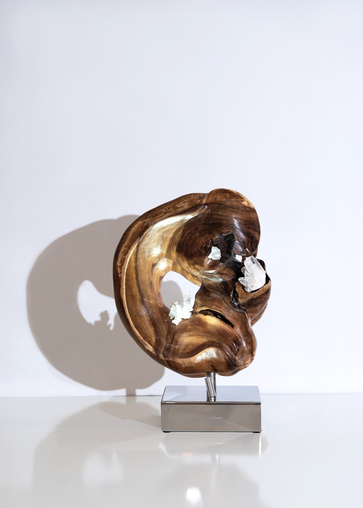 Dorit Schwartz – Crevices of Life IV, original sculpture in suar wood, quartz crystal and steel base