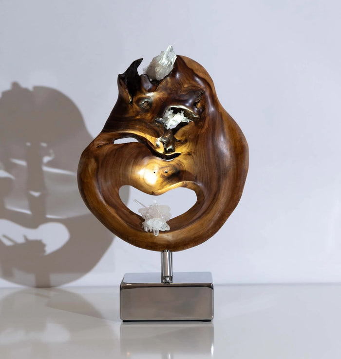 Dorit Schwartz – Crevices of Life III, original sculpture in suar wood, quartz crystal and steel base