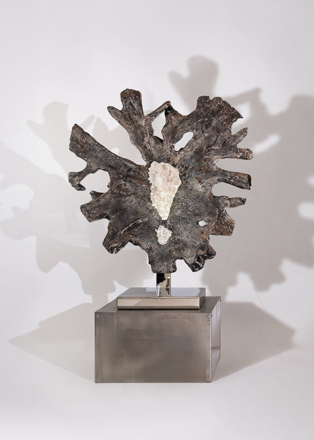 Dorit Schwartz – Illumination of the Soul III, original sculpture in teak root, quartz crystal and steel base, view 1 of 2