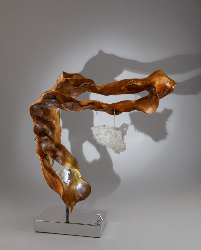Dorit Schwartz – Calling to Love, original sculpture in mahoni wood, quartz crystal and high polish stainless-steel base
