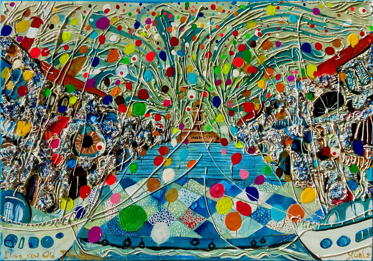 Yoram Gal – I Love You Old Jaffa, original painting in acrylic, ink and gouache and more on canvas