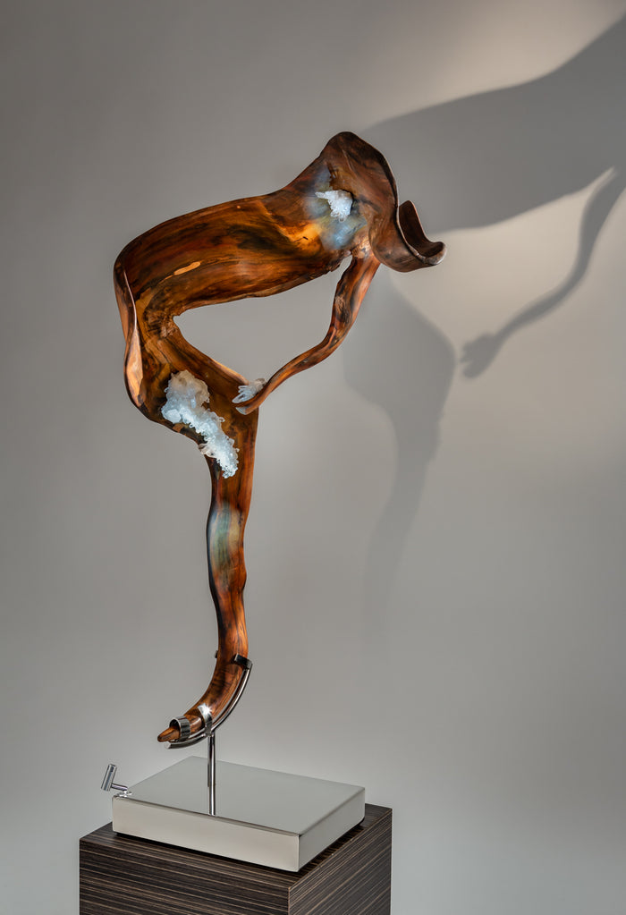 Dorit Schwartz – Sheltered Love, original sculpture in Indonesian rosewood, quartz crystal and high polished stainless steel