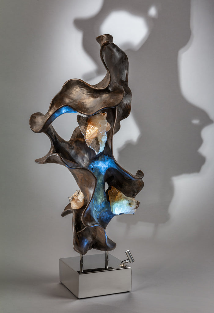 Dorit Schwartz – Beyond the Light II, original sculpture in stained teak wood, calcite and zinc