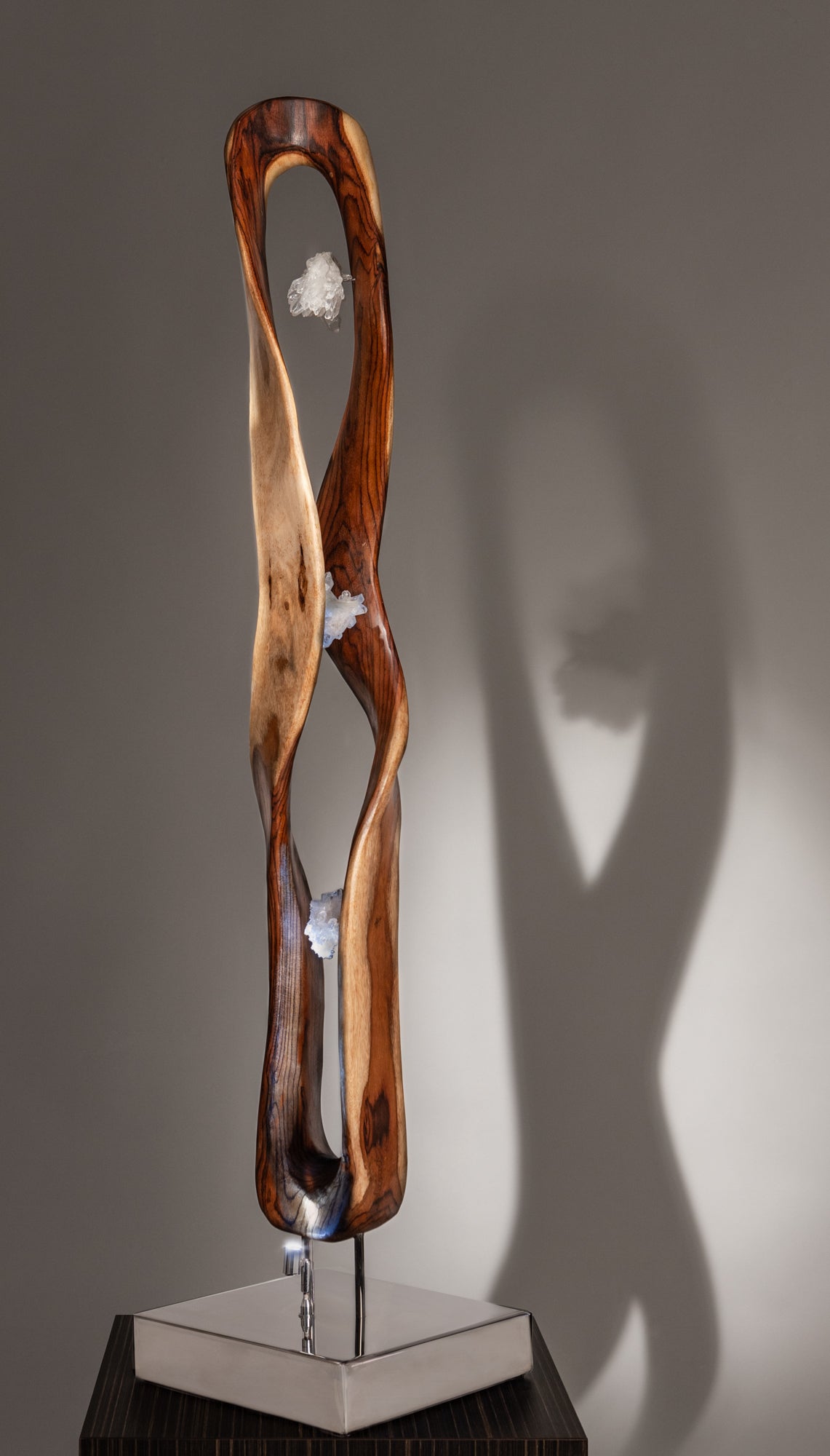 Dorit Schwartz, White Quartz, Indonesian Rosewood, High-Polish Stainless Steel Base, Light