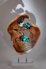 Dorit Schwartz – Tides of Life, original sculpture in acacia wood, malachite and quartz crystal, view 1 of 2