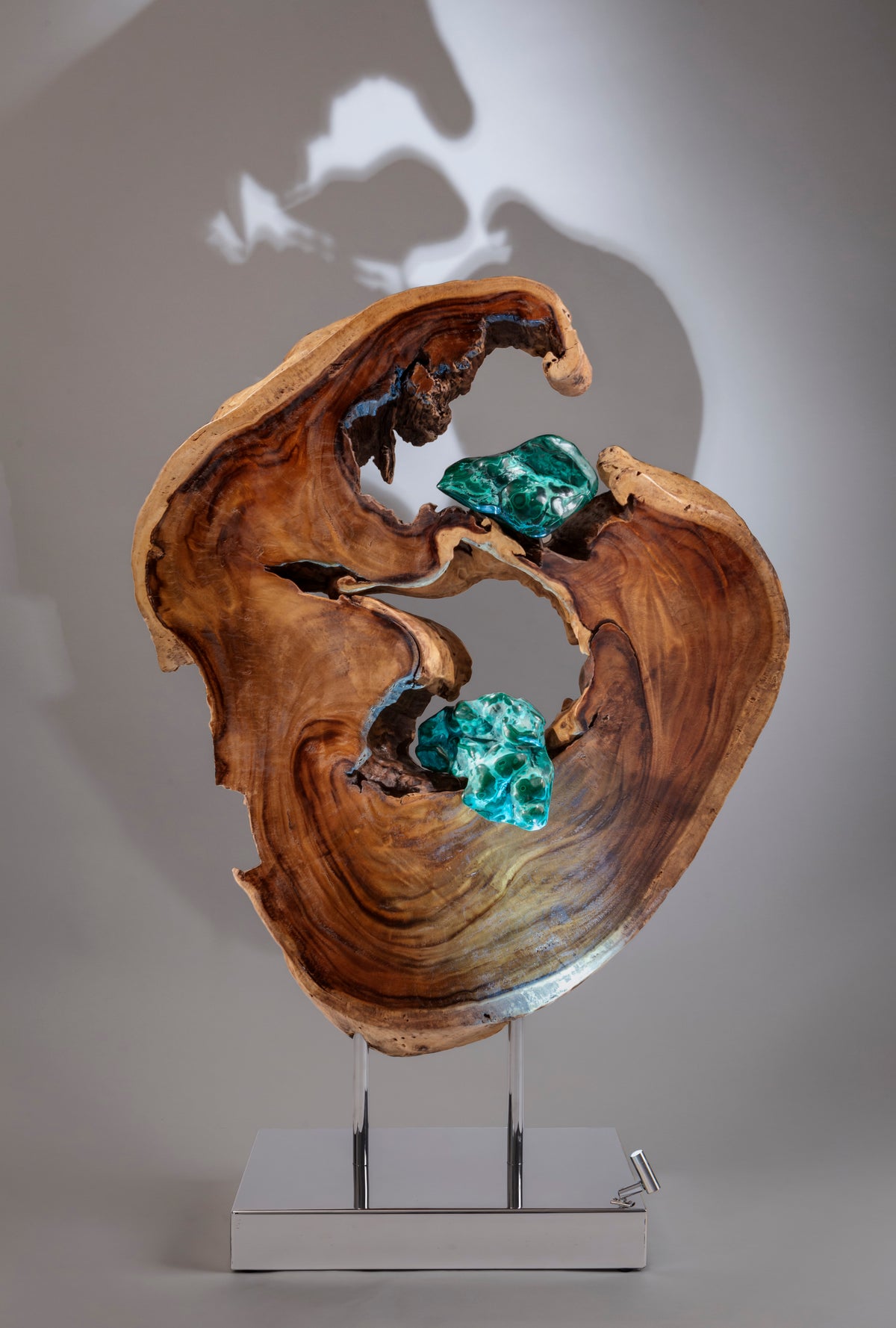 Dorit Schwartz – Tides of Life, original sculpture in acacia wood, malachite and quartz crystal, view 1 of 2
