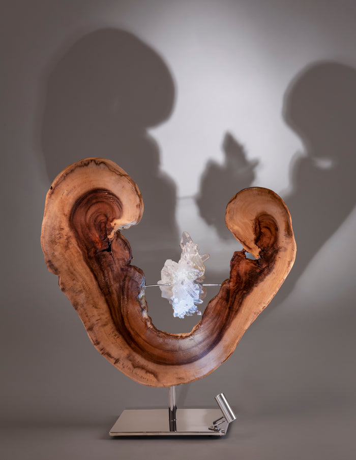 Dorit Schwartz – Open Heart II, original sculpture in acacia wood, quartz crystal and high polish stainless-steel base