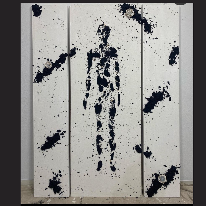 Atom Series by Matthew Samson, painting in emulsion of stardust, marble dust and paint on canvas, dried sunflowers