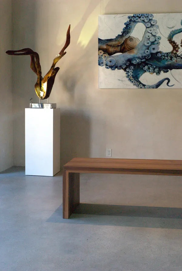 Dorit Schwartz wood and crystal sculpture on a bench at GAIA Sun Valley